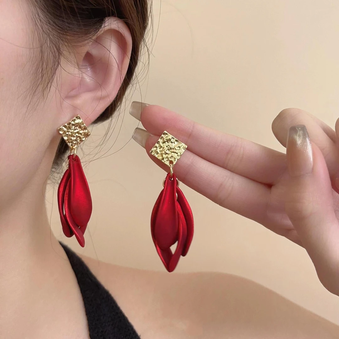 合金亚克力耳饰 【红红火火】红色复古宫廷花瓣新潮耳坠