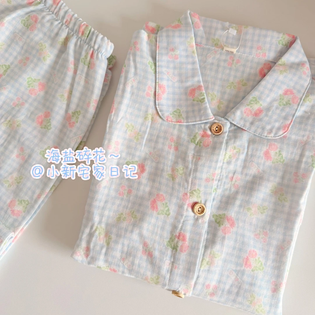 【夏日海盐】全棉婴儿棉纱睡衣女薄款夏季甜美长袖学生套装碎花