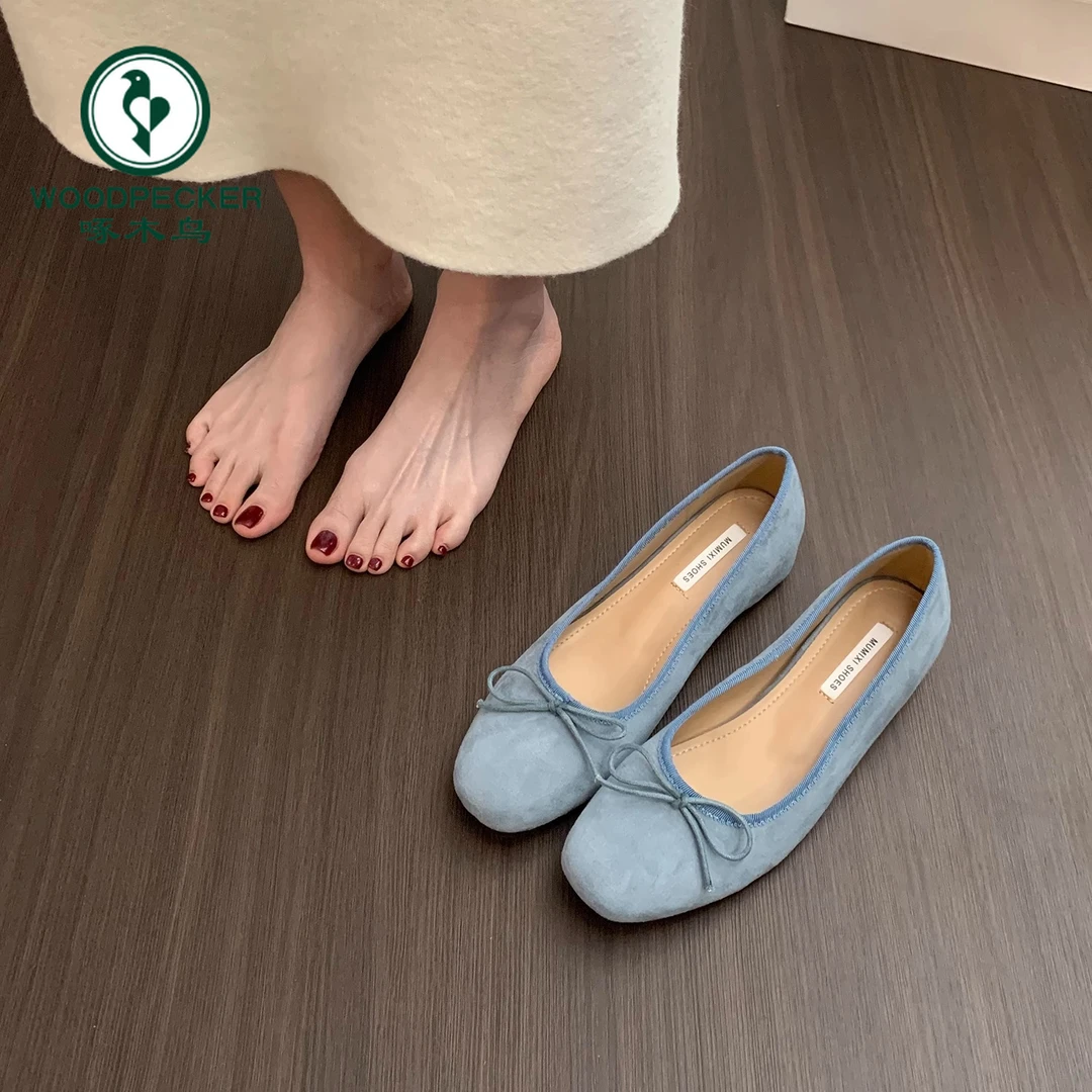 啄木鸟法式内增高绒面芭蕾舞单鞋女2025新款春季蝴蝶结红色晚晚鞋