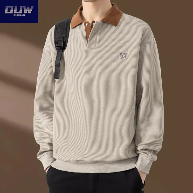 O.U.W轻奢秋季宽松厚T恤2025新款重磅翻领长袖卫衣休闲男装上衣