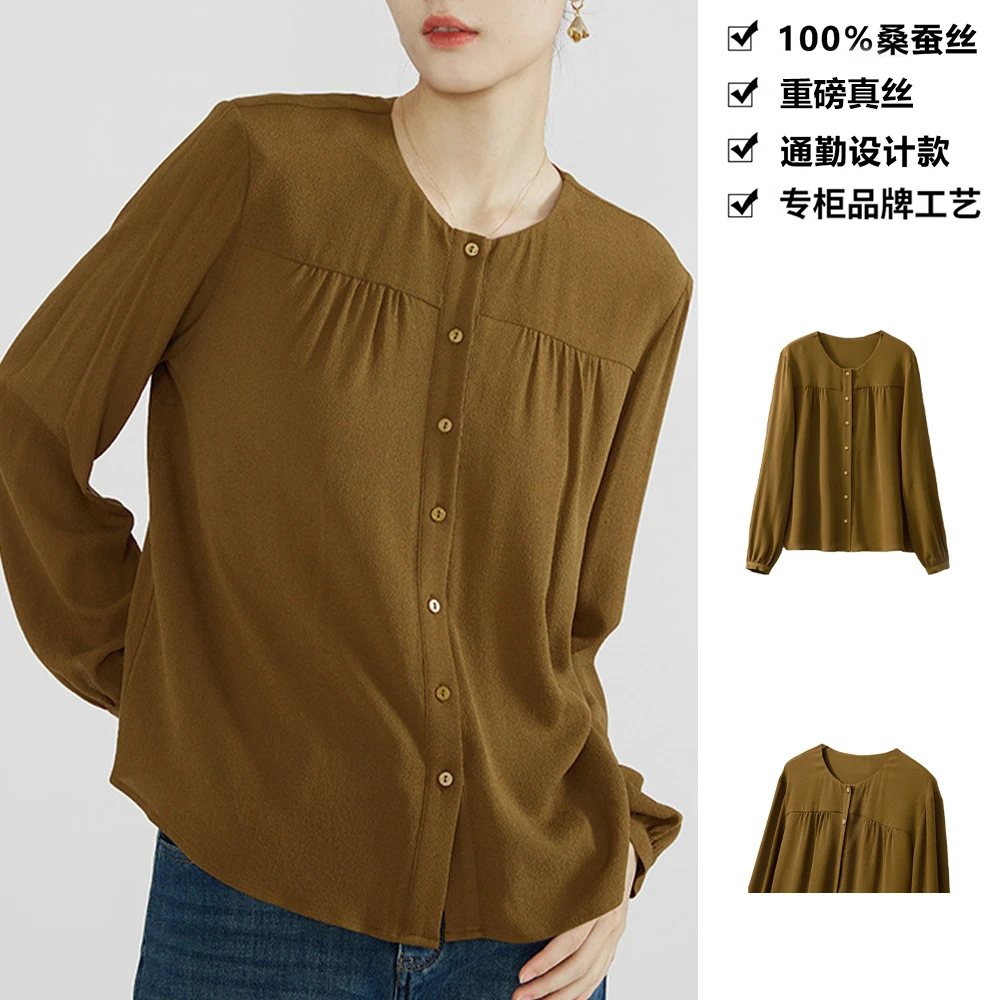 重磅23姆米真丝鬼绉长袖衬衫圆领100桑蚕丝衬衣2025年春款CX07