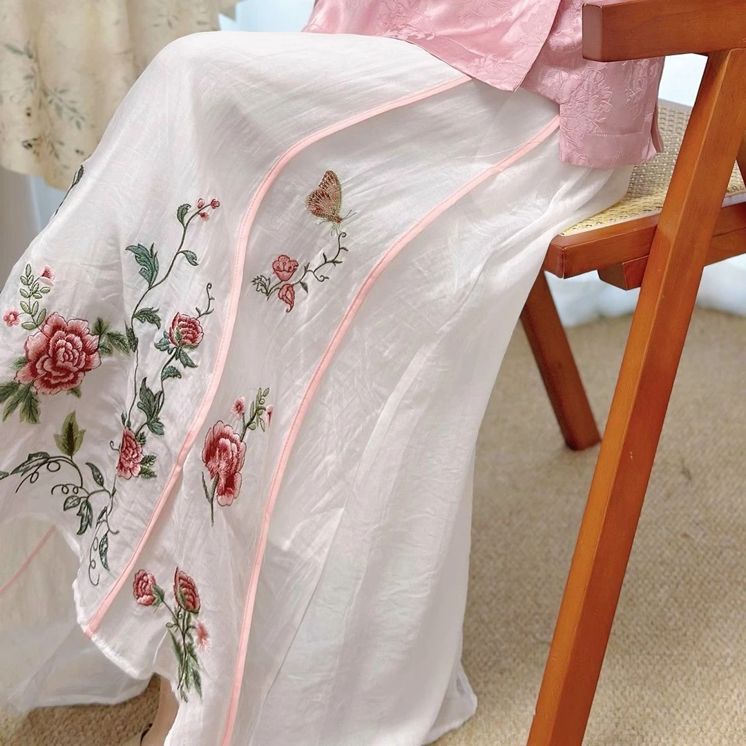 夏季国风中式新款民族风重工刺绣松紧腰双层半身裙过膝百搭中长裙