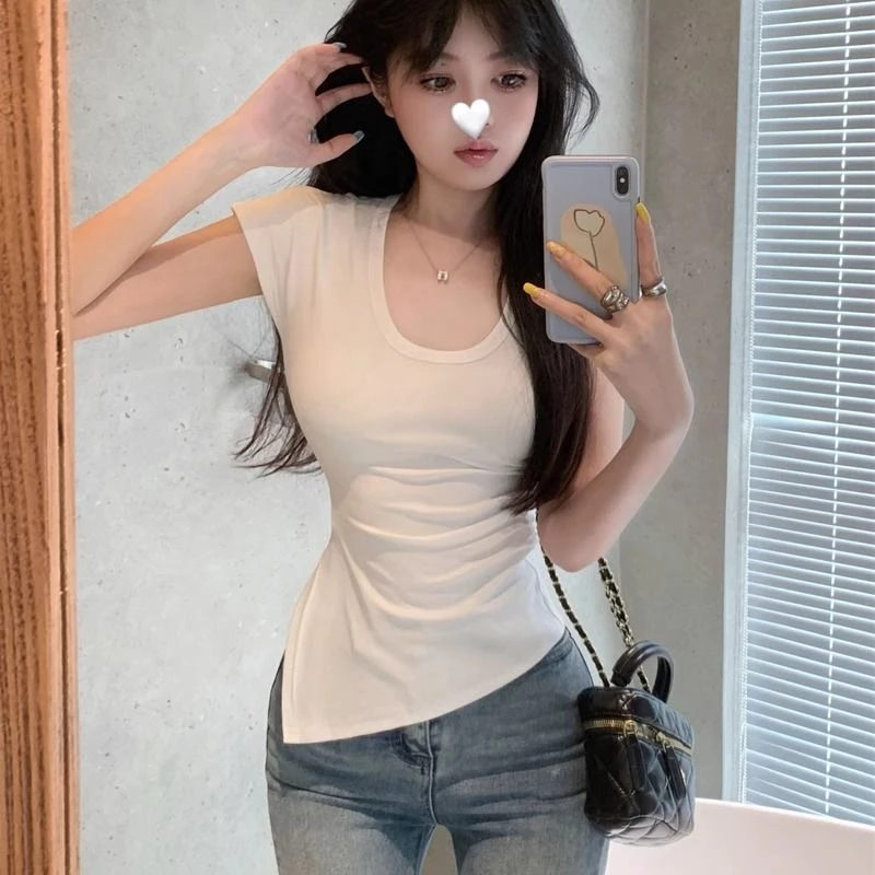 纯棉短袖T恤开叉女夏季新款修身显瘦高级感性感收腰不规则上衣