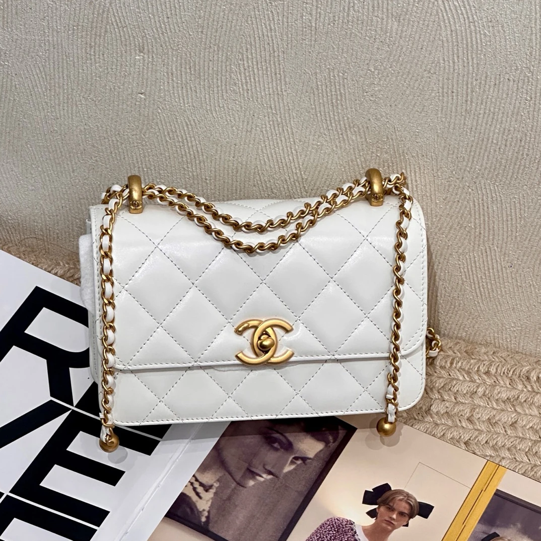 99新 Chanel/香奈儿 Chanel 香奈儿 25S 白金牛皮双金珠19