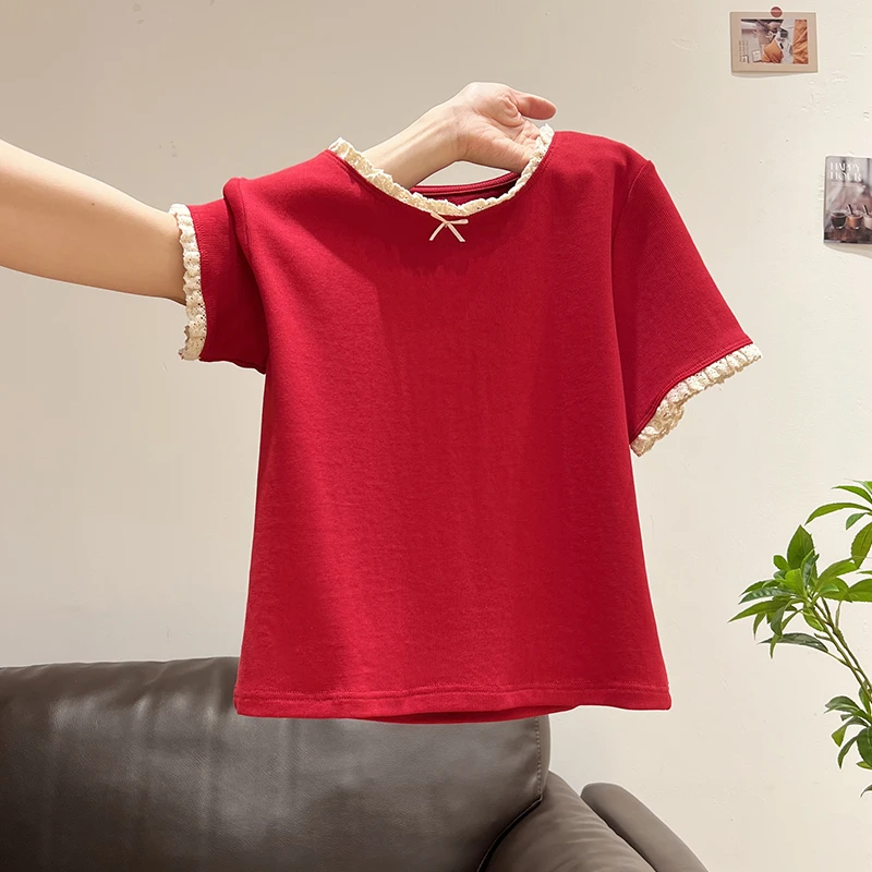 2025夏季圆领蕾丝花边蝴蝶结拼接小众设计短袖T恤女休闲显瘦上衣