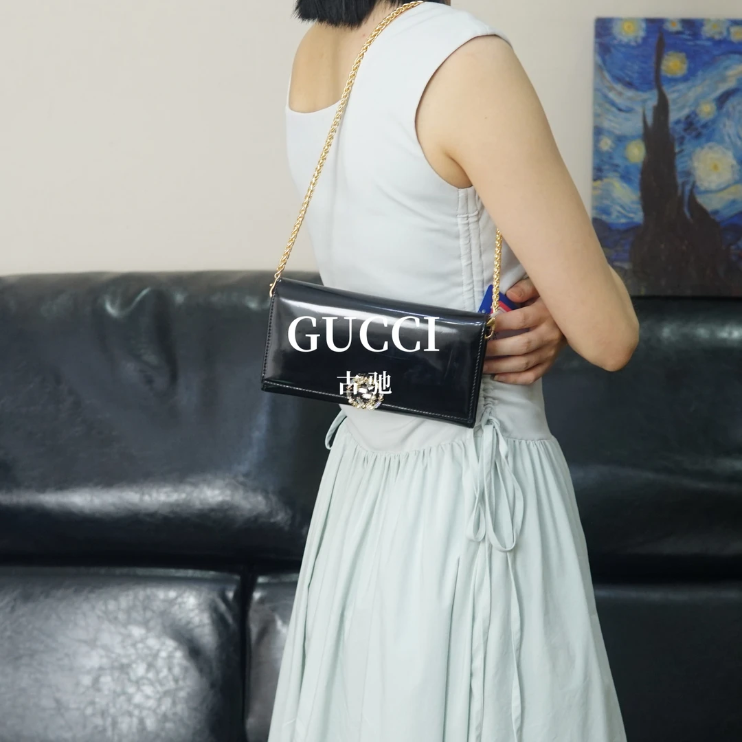 95新 GUCCI/古驰 黑色漆皮钱包/FYAR06405019/5019