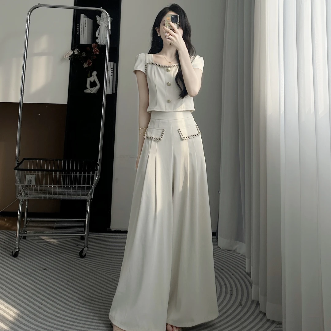 拉夏贝尔/25夏季新气质时尚高级收腰百搭显瘦上衣+裤子 10483 LSC