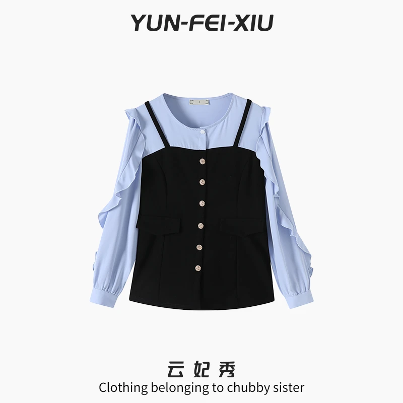 云妃秀大码女装衬衫时尚休闲胖妹妹显瘦宽松减龄遮肉上衣秋68735