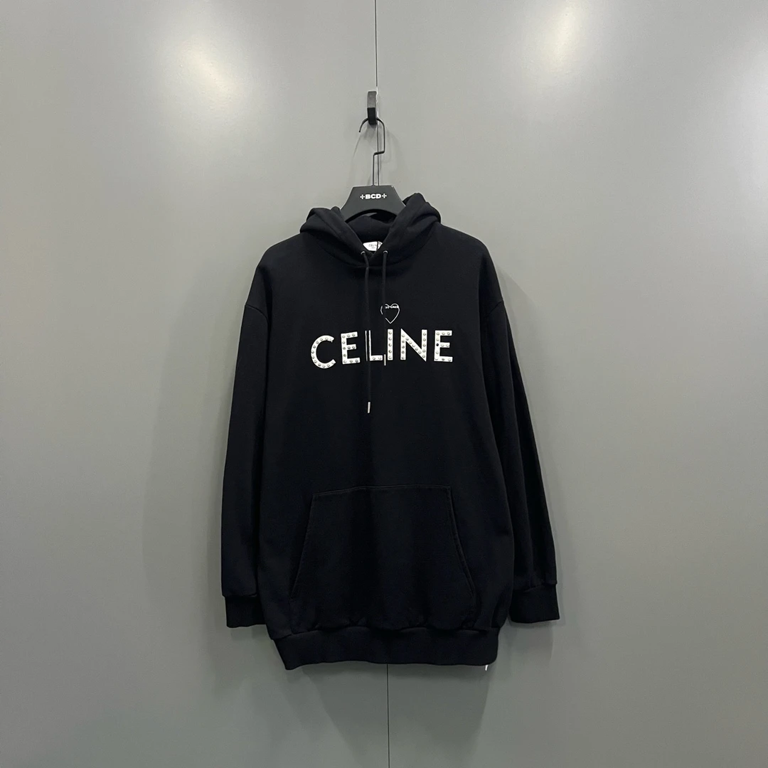 99新 Celine/思琳 yyy 黑色铆钉logo帽衫 XS码 014021