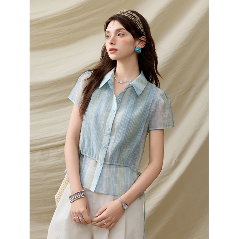 【艾美专属】谜秀渐变绿衬衫风琴片双层设计绑带上衣MXE32C0786