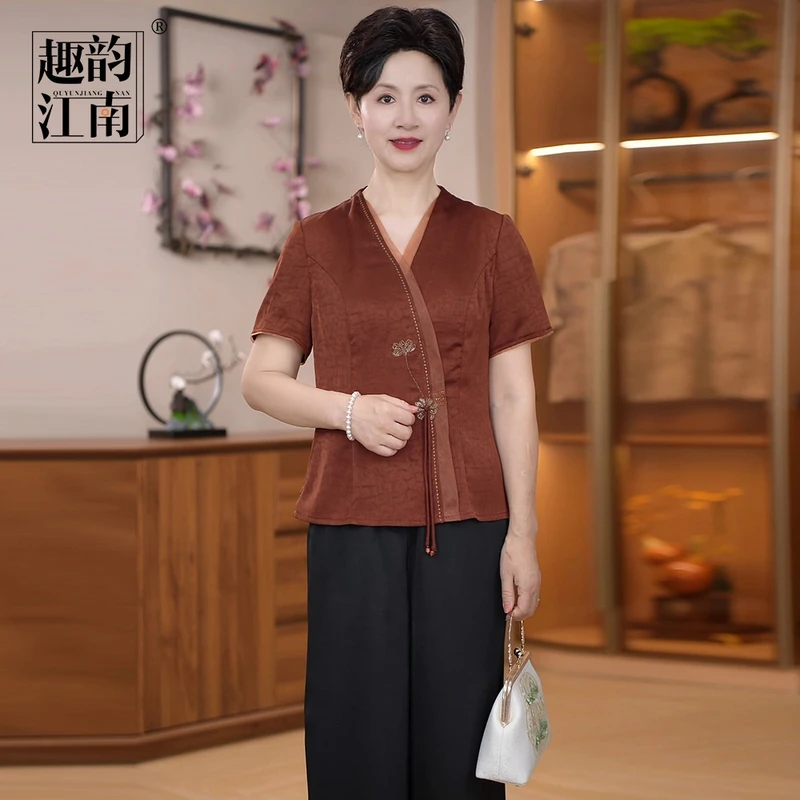 母亲节衣服妈妈装新中式套装端庄大气时尚洋气女装短袖上衣两件套