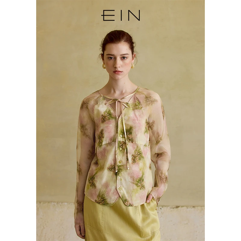 EIN/言【商场同款】火焰印花V领桑蚕丝拼接柯根纱衬衫25春夏新款