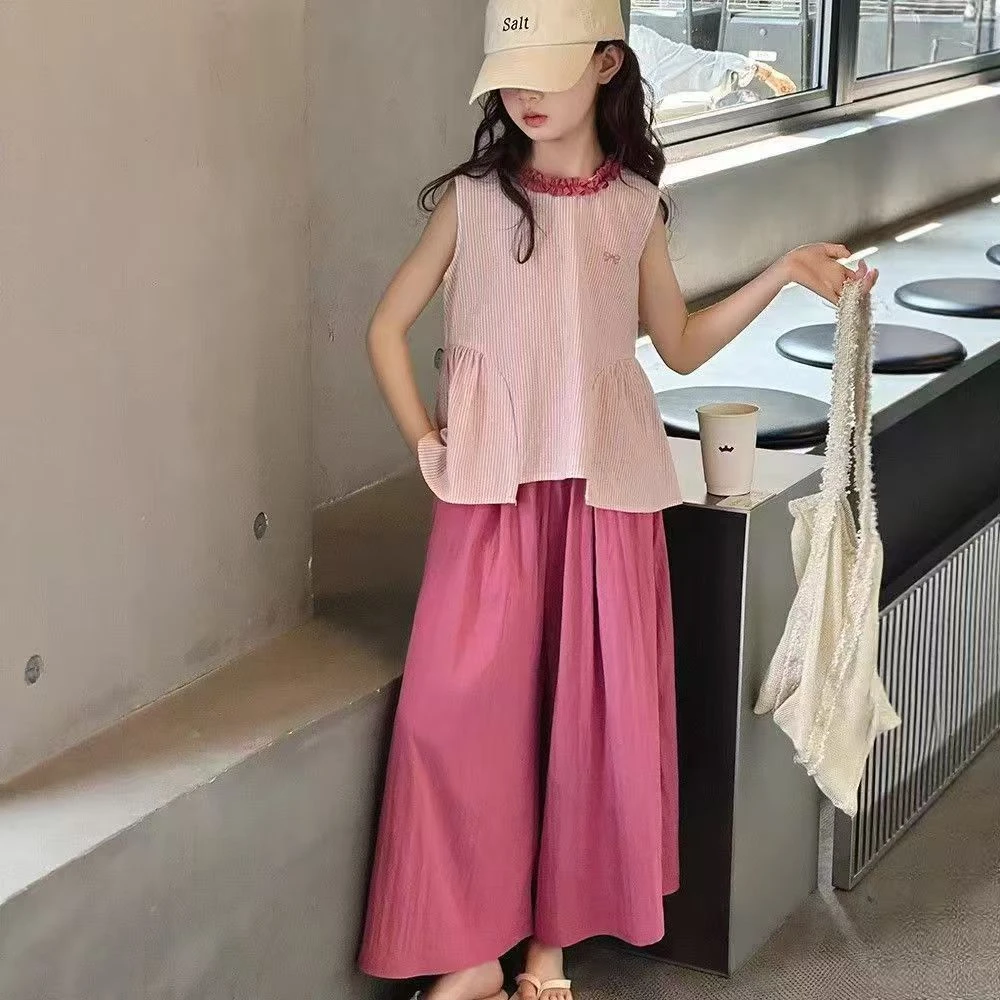 女童夏装无袖套装2025夏季新款洋气中大童背心上衣阔腿裤两件套潮