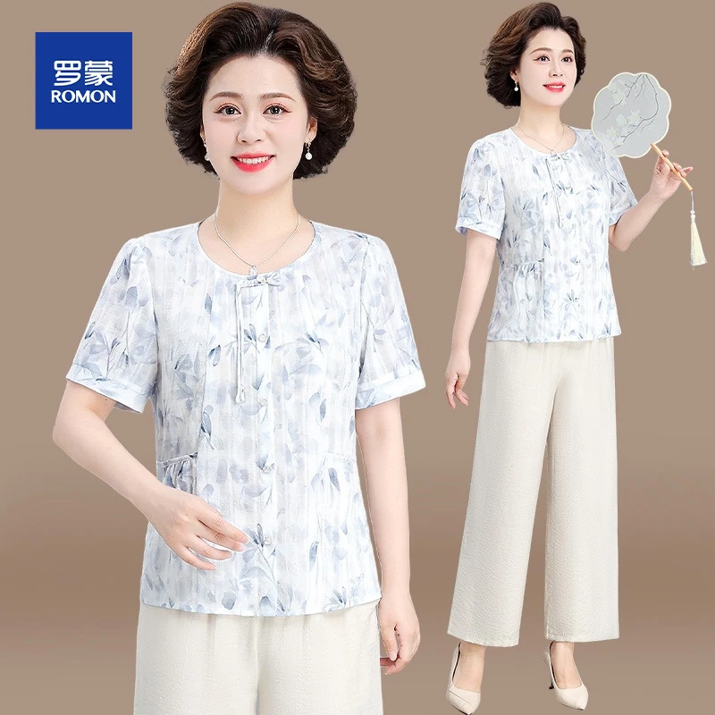 妈妈夏装套装2025新款中老年女装夏季雪纺小衫洋气质短袖衬衫上衣