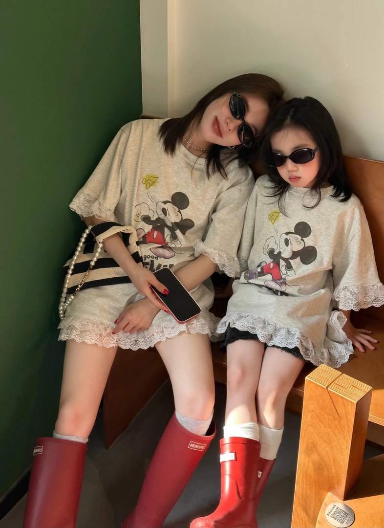 夏季蕾丝花边女孩亲子冰爽米奇t恤上衣薄款