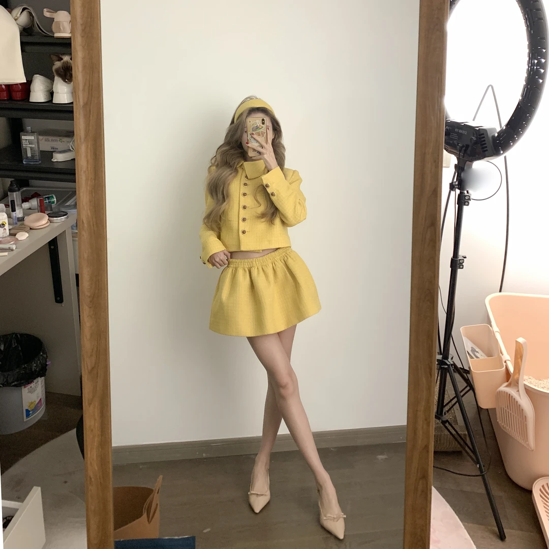清【明媚千金】春季新款女装黄色格子小香风短外套+花苞半裙套装
