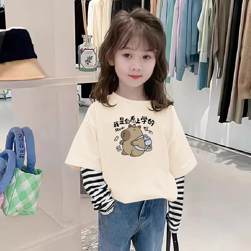 女童卡皮巴拉儿童长袖纯棉上衣宝宝2025新款洋气T恤打底假两件潮