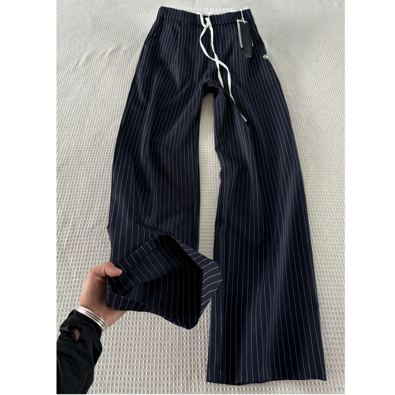 裤长112cm加长175藏青条纹休闲裤女夏季垂感高腰宽松显瘦拖地裤子