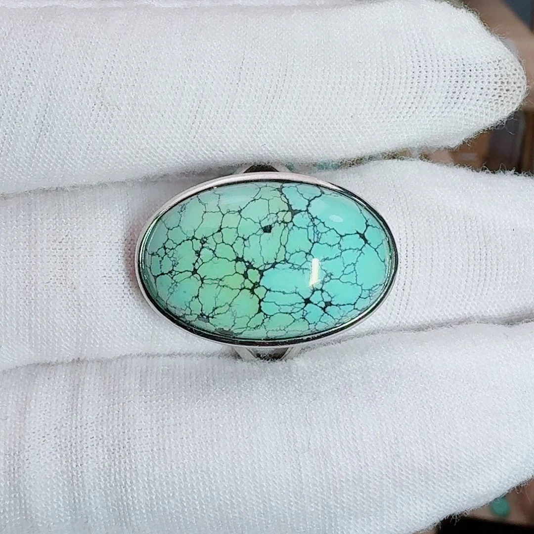 绿松石银S925镶嵌珠宝奇石天然水草打戒指