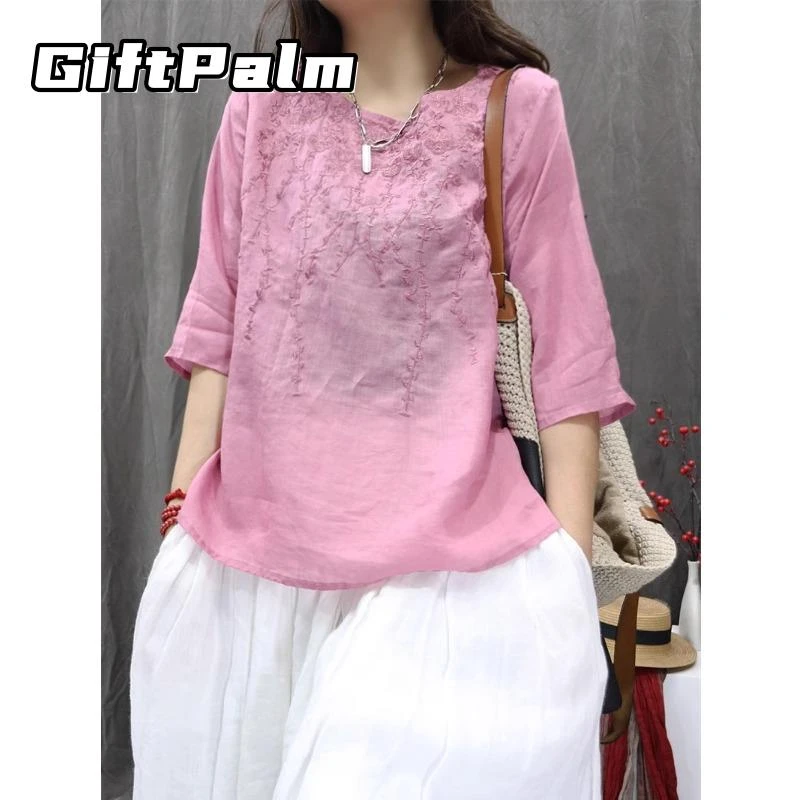 GiftPalm复古轻薄苎麻刺绣衬衫女夏季款宽松显瘦休闲亚麻套头上衣