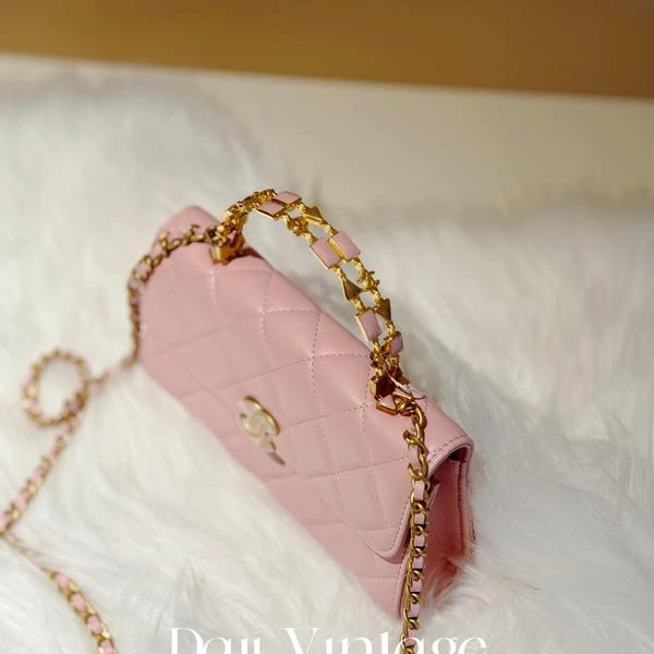 大吉中古/Chanel香奈儿22b粉金珐琅手柄Kelly斜挎包