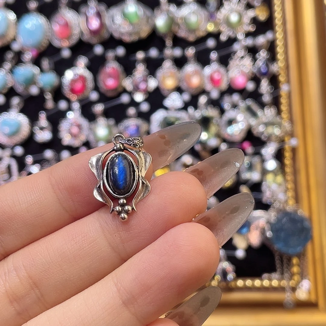 2***子木质925银黑拉长吊坠