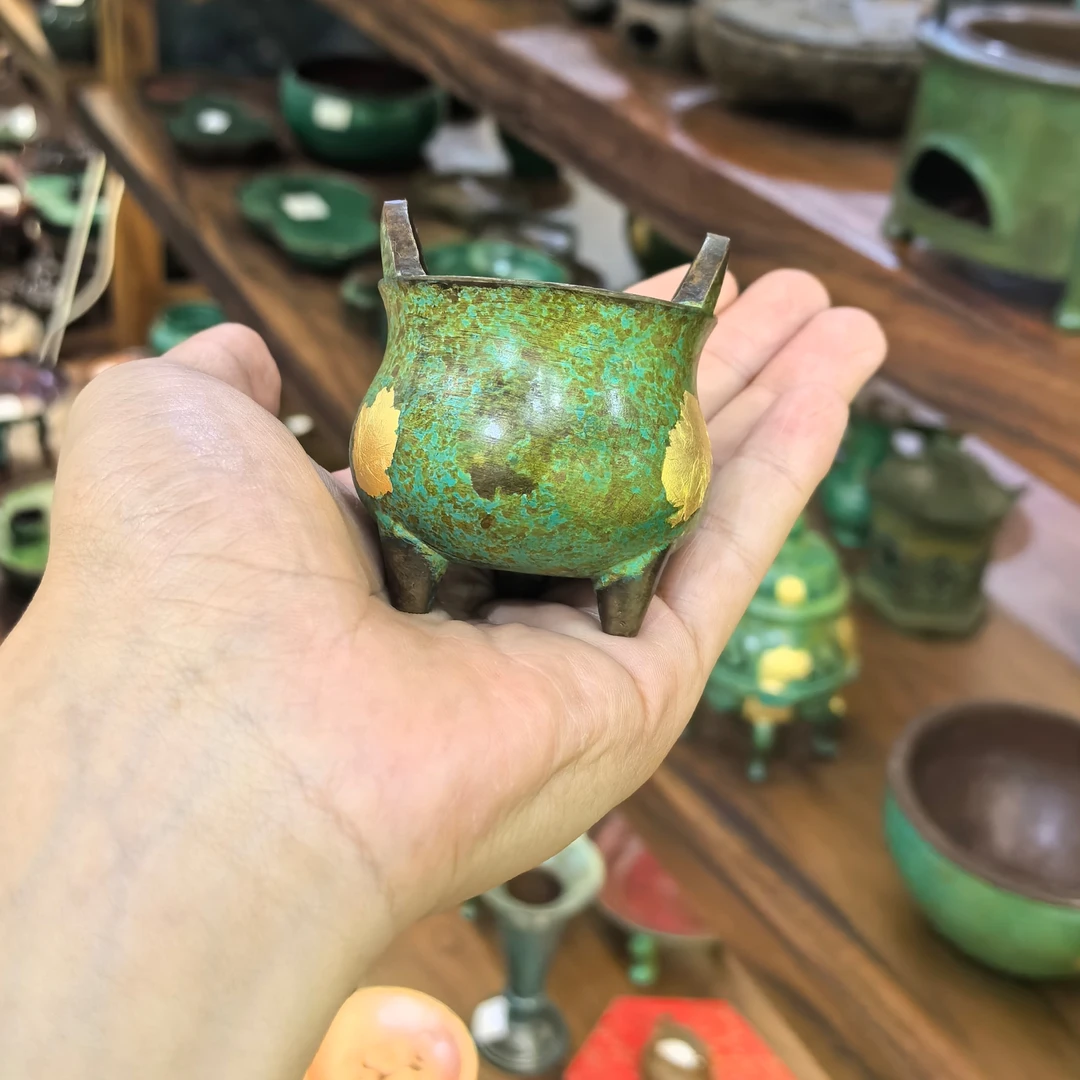 【沾沾喜器】纯铜三足香插金铂系宣德炉香炉茶摆件