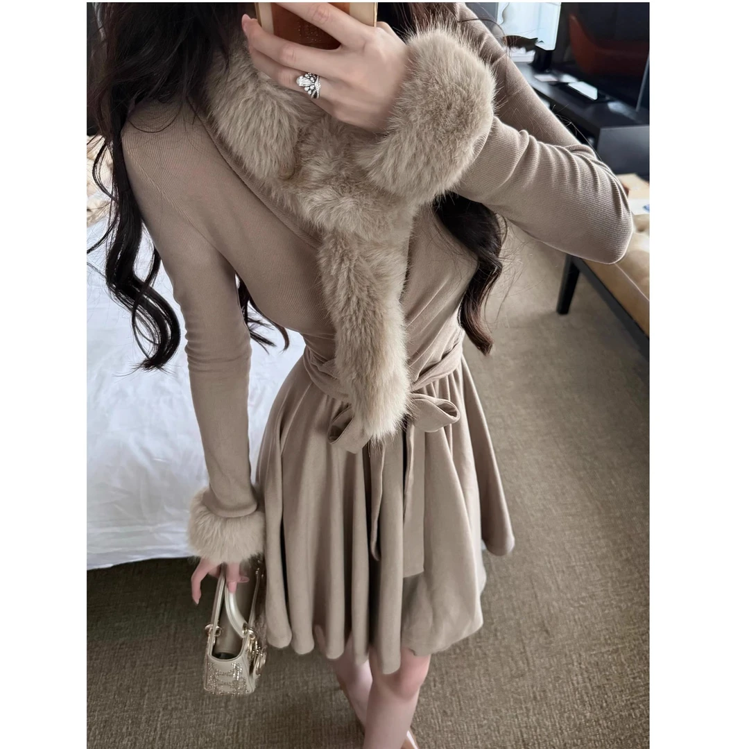 韩系台偶女主*温柔姐姐感秋冬气质修身显身材毛领连衣裙女