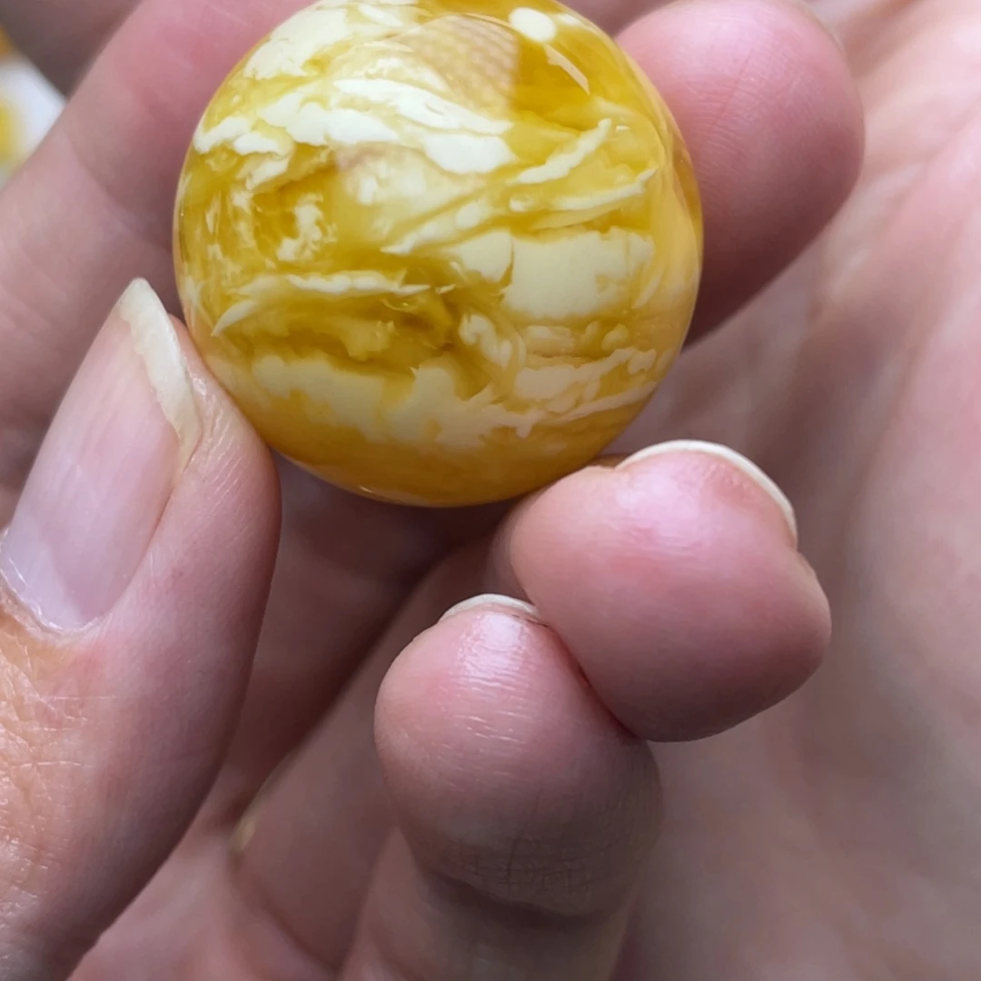 琥珀未镶嵌裸石金橘虎皮纹蜜蜡圆珠27.6mm