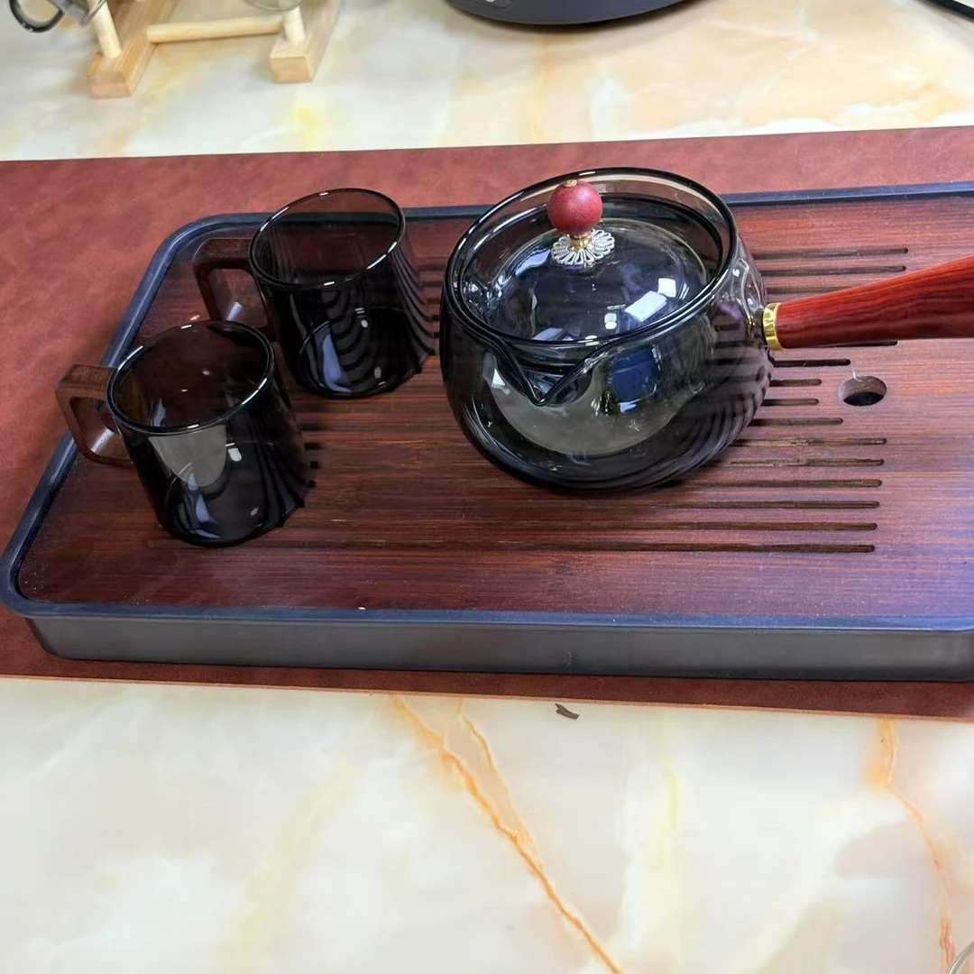 逍遥壶带盖烟灰色小品杯耐热便携高硼硅玻璃杯品茗杯茶杯玻璃壶