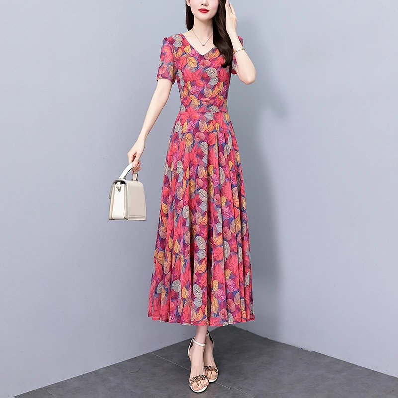 真丝碎花连衣裙女夏季2025新款洋气质印花长款修身显瘦大摆长裙子