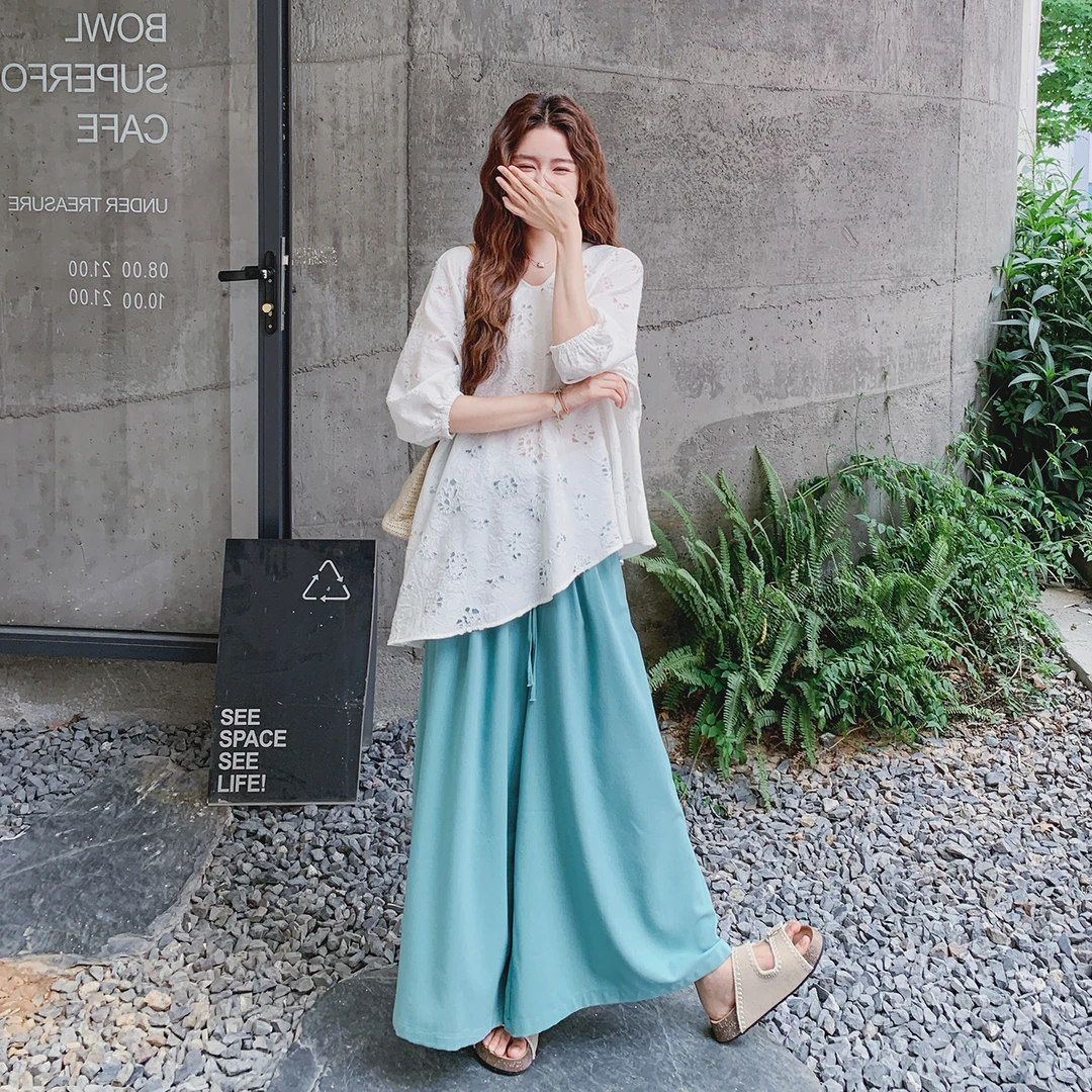 韩系巨好看休闲时尚套装女2025夏新款不规则镂空上衣阔腿裤两件套
