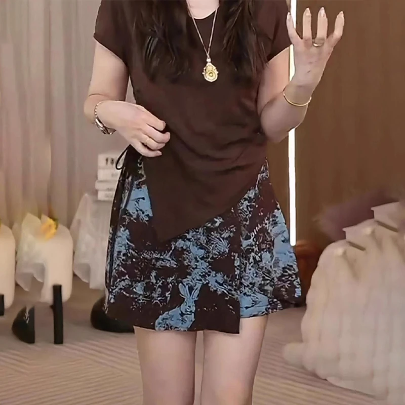 大码印花设计感a字裙裤女2025夏季新款胖mm松紧高腰显瘦阔腿短裤