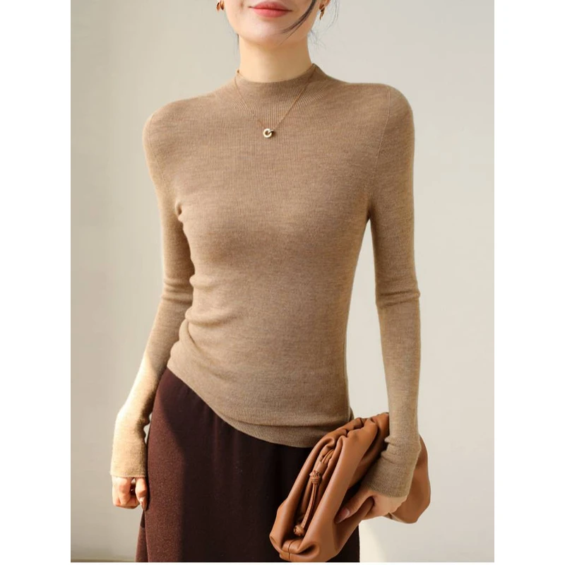半高领扬子纱全羊毛修身针织衫女装秋冬无缝一体内搭打底毛衣卡其