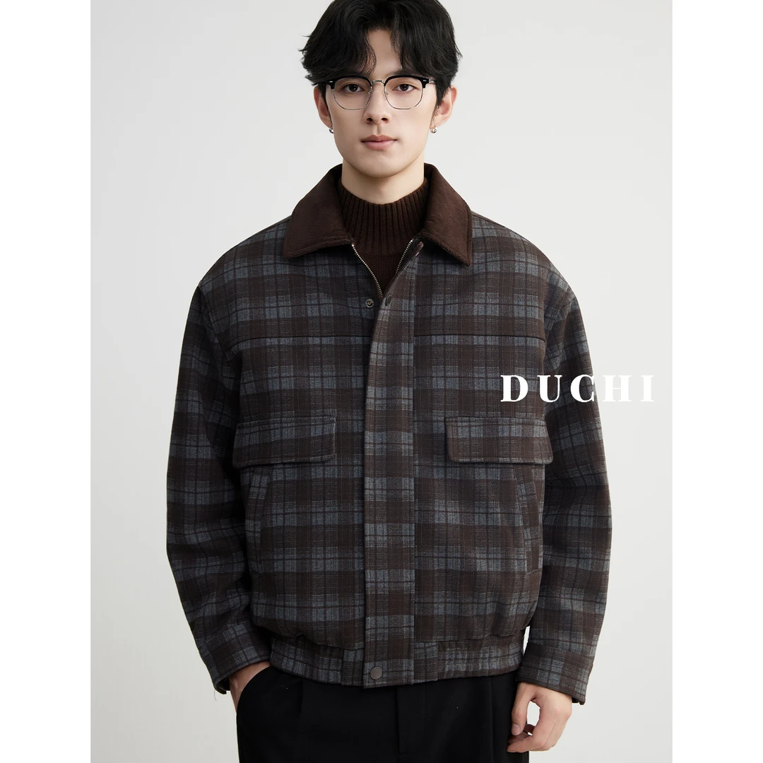 独驰撞色翻领设计格子夹棉外套男25冬季新款休闲宽松短款加厚棉服