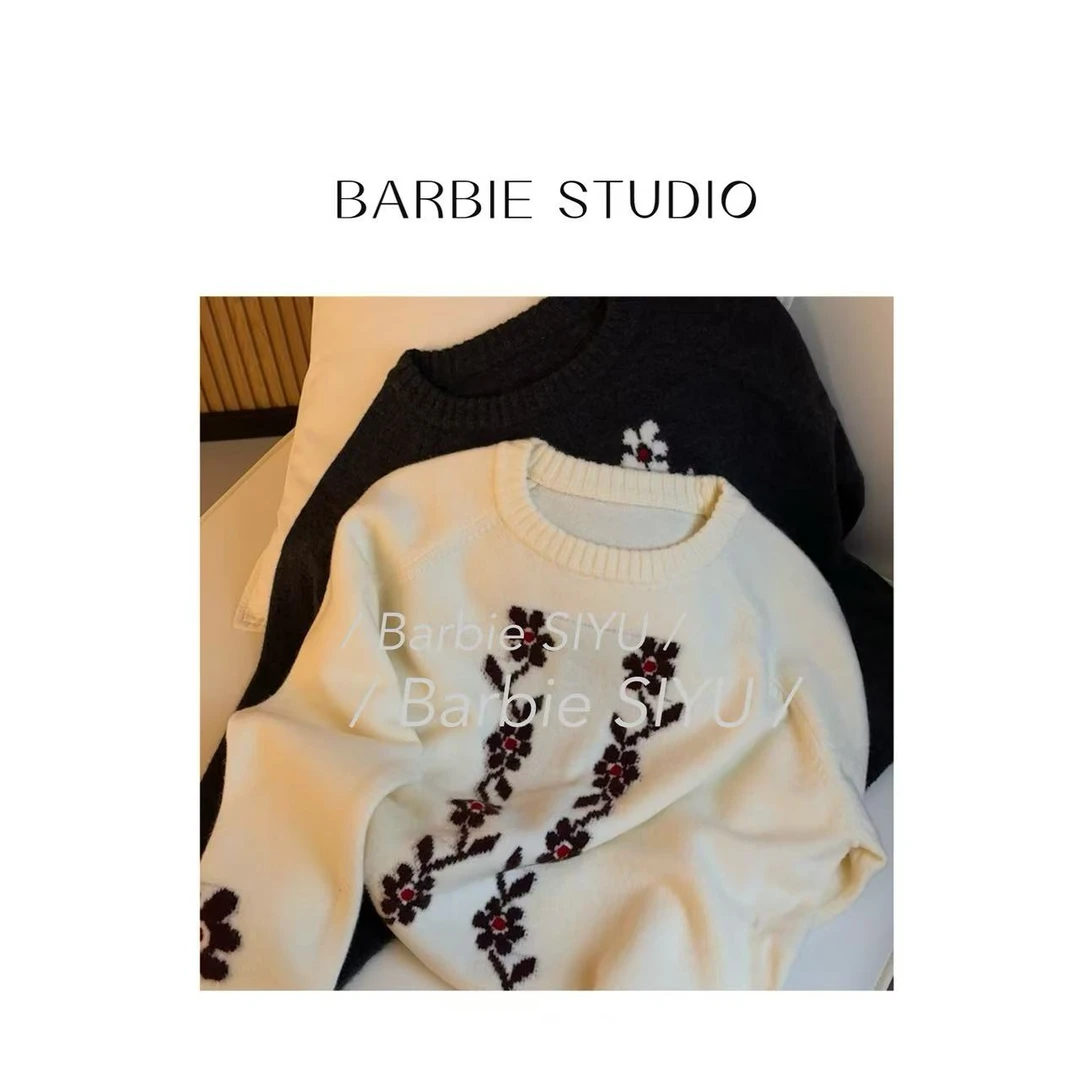 清~【慧子推荐】26256冬季韩版慵懒风花朵套头圆领毛衣宽松26256