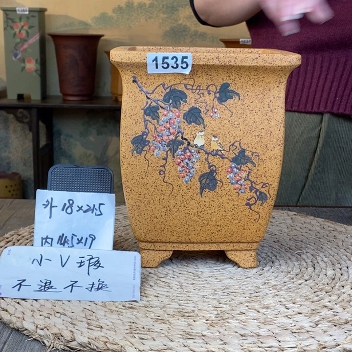 花盆紫砂 微微瑕柴烧彩绘葡萄四方签筒1535