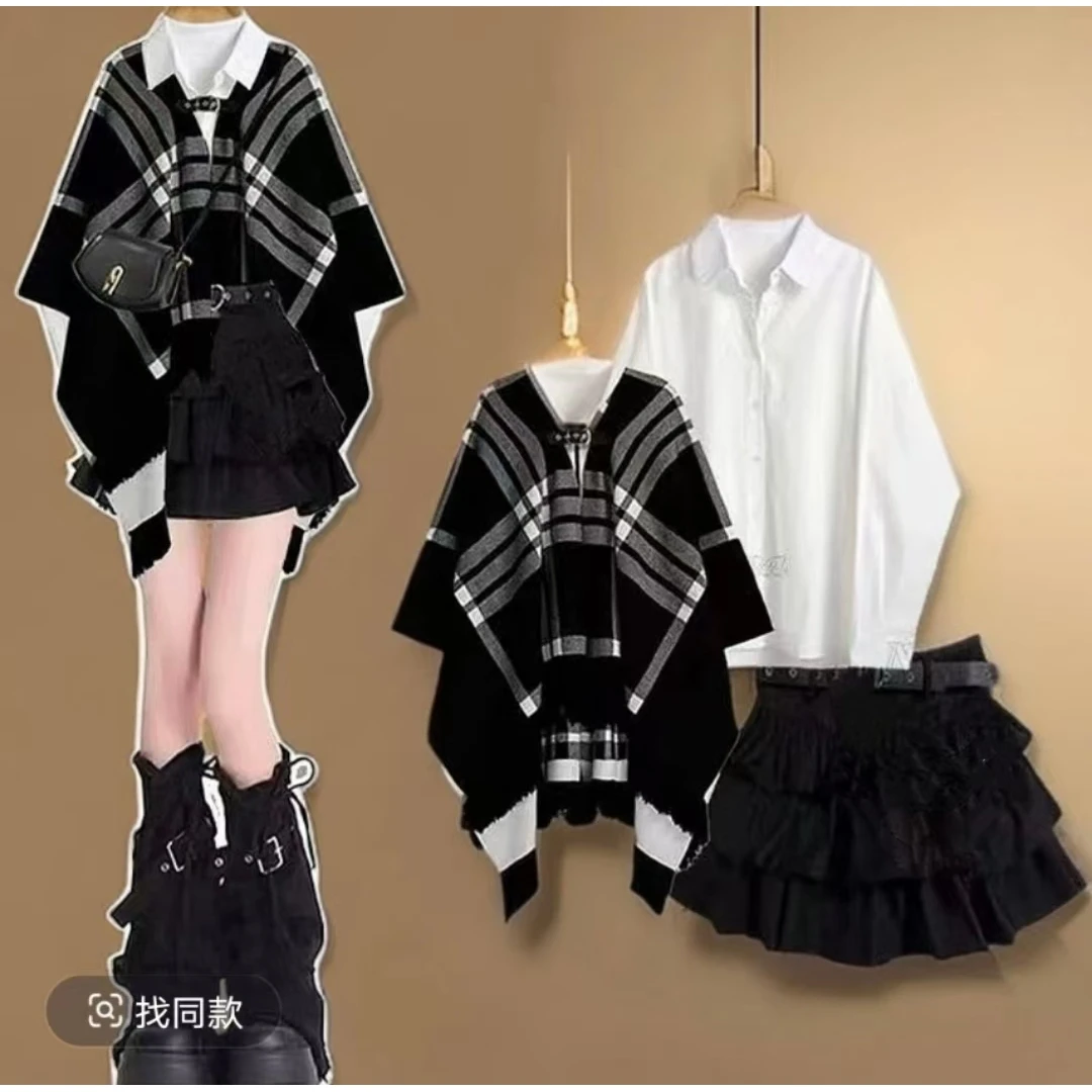 【老四推荐】大码春季新款不规则披肩显瘦衬衫百褶裙三件套1692