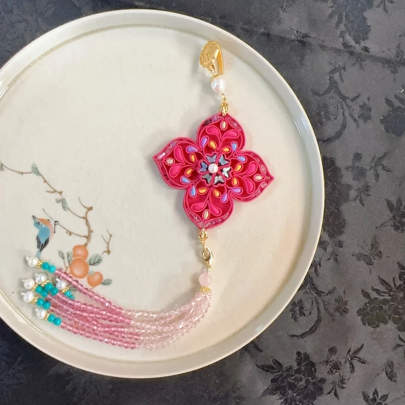 非金属布艺胸针 宝相花压襟螺钿手工非遗盘扣长款手作 四合如意