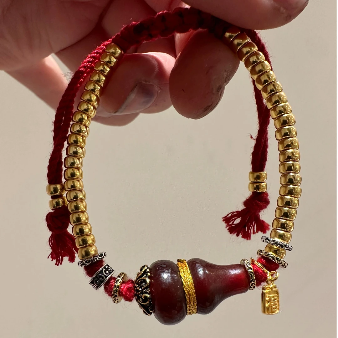 925银手链 <一禅兄>磨砂葫芦金色车轮珠福字吊坠抽拉红色手链