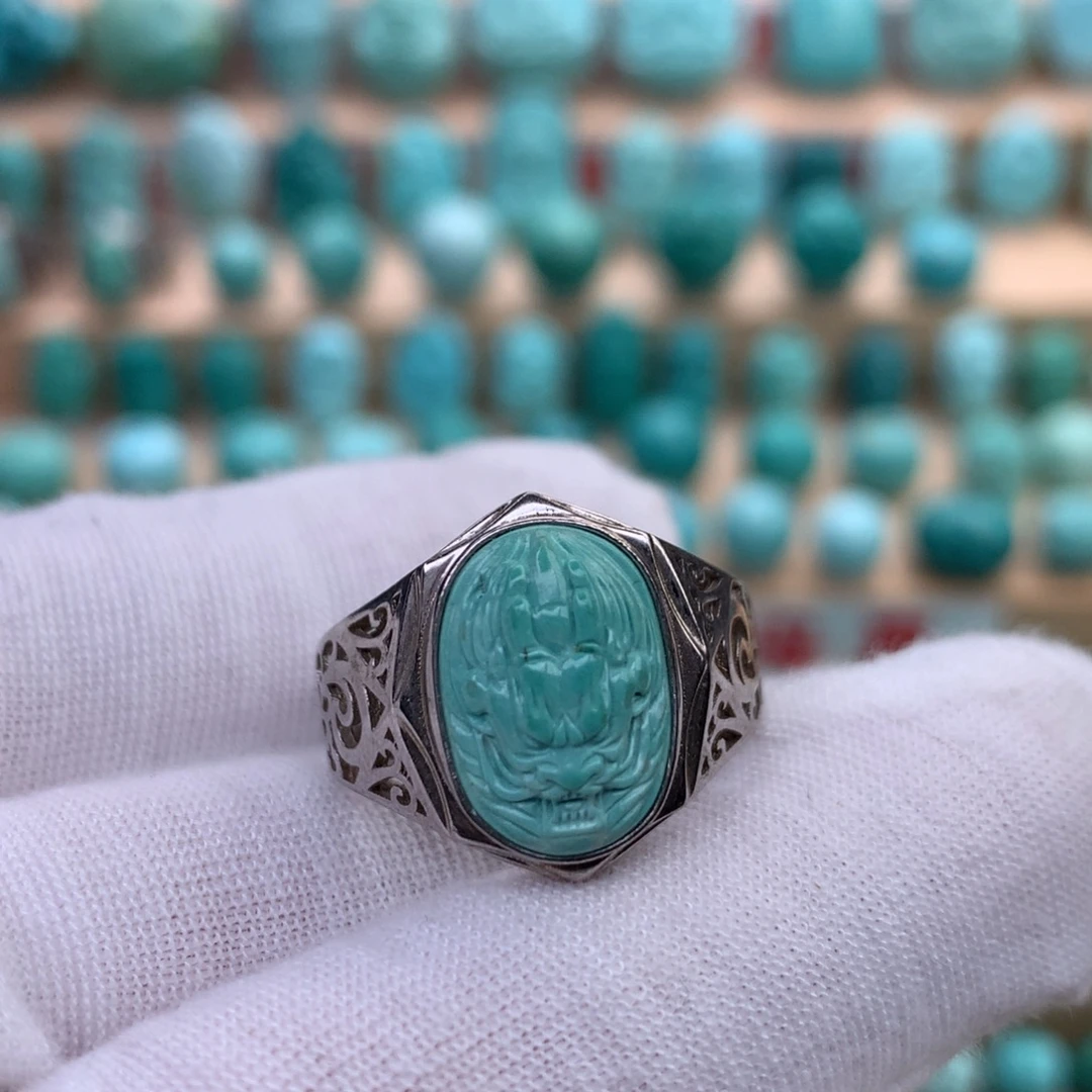 绿松石银S925镶嵌珠宝奇石原矿绿松石龙戒指