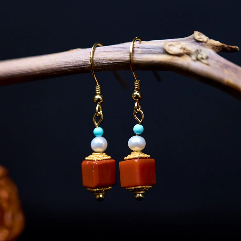 南红s925银耳钉女红色中国风古法南红玛瑙耳环复古本命年小巧耳饰