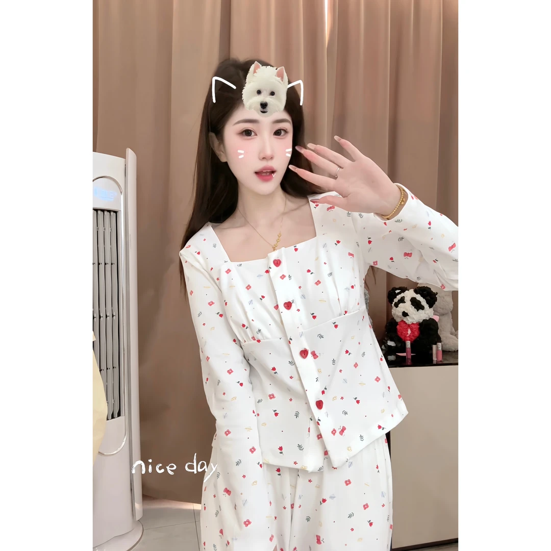 （小蛋糕）春款纯棉可爱亲肤显瘦睡衣女款家居服柔软带胸垫可外穿