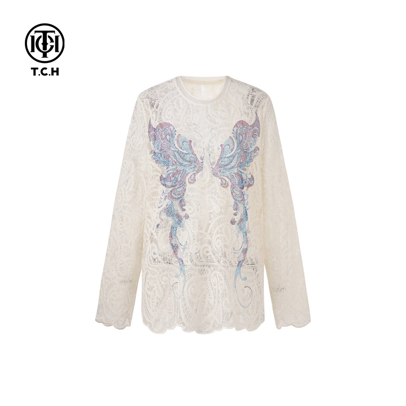 TCH现货私服烫钻工艺蝴蝶翅膀时尚休闲T恤女T75A02E5027轻奢tch