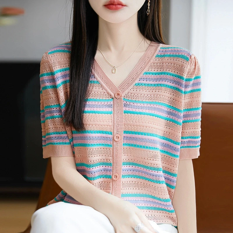 时尚女装品牌夏季新款V领短袖针织衫T恤女时尚气质条纹宽松上衣