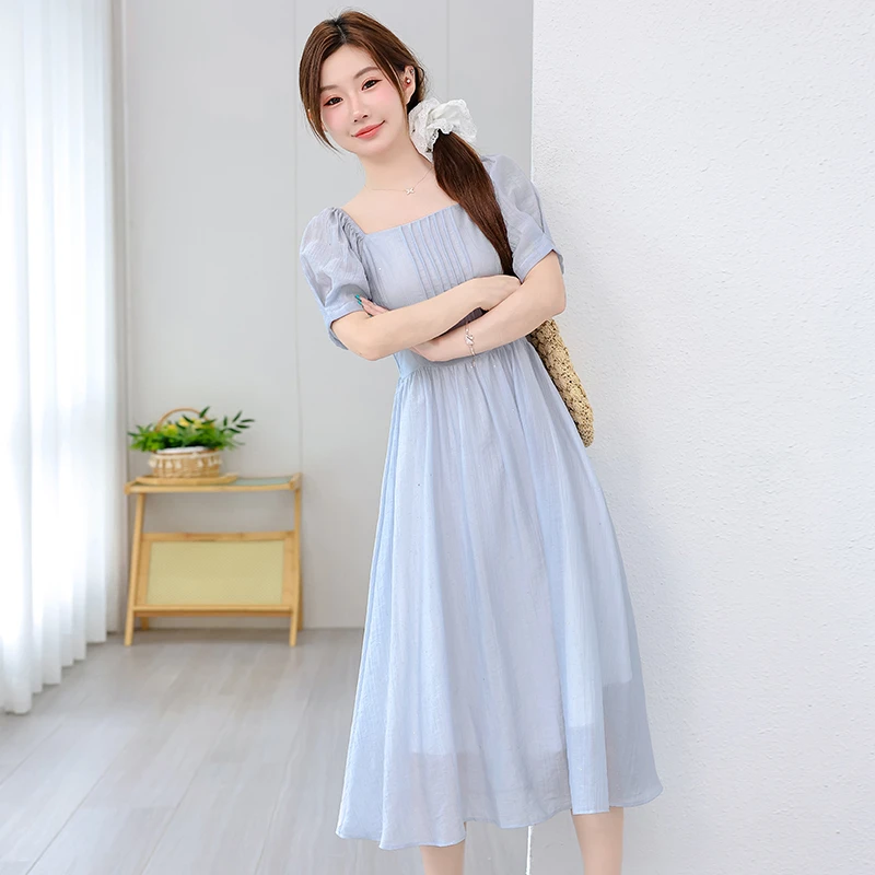 法式泡泡短袖连衣裙女夏季大码胖mm收腰显瘦气质减龄中长裙9279