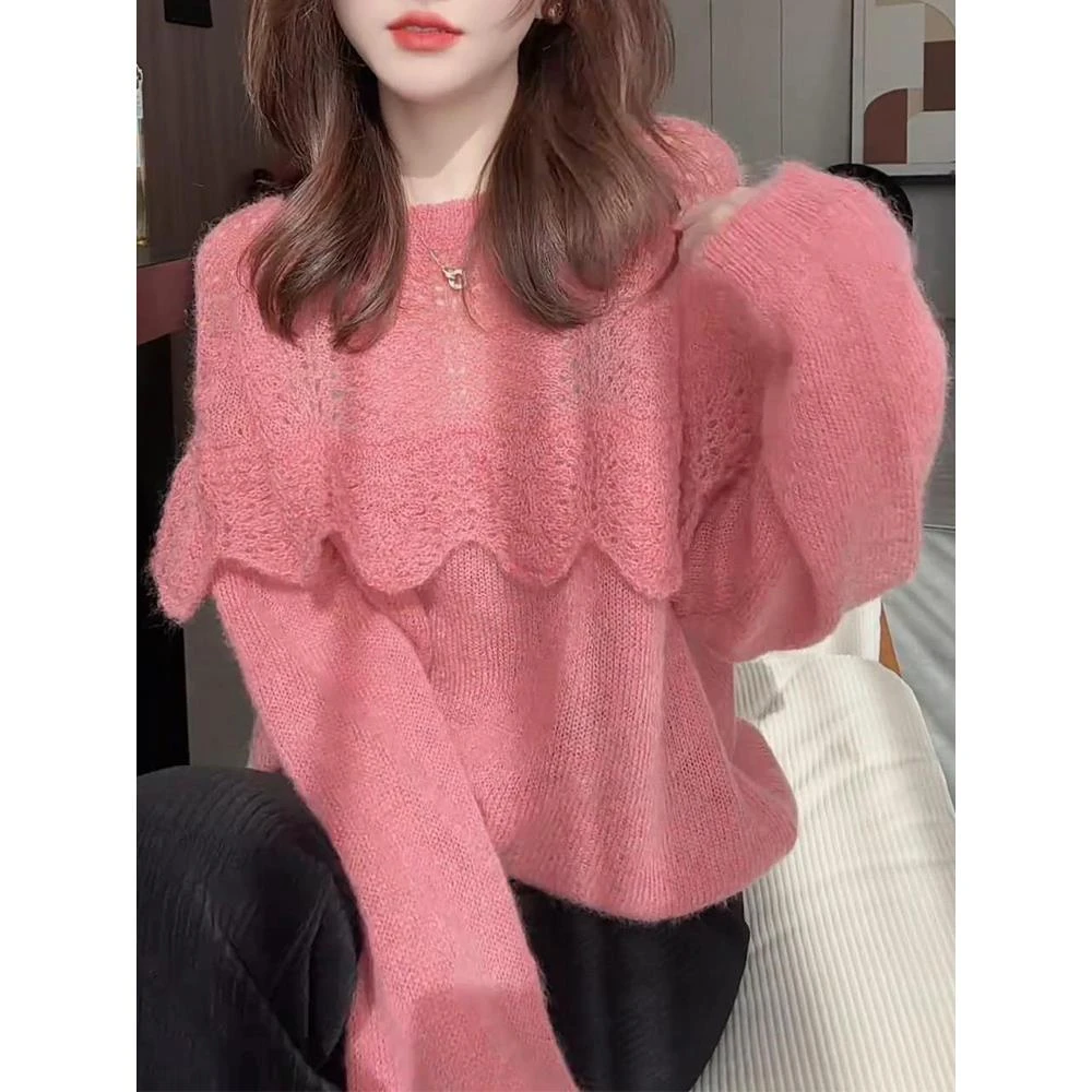 法式荷叶边镂空钩花长袖针织衫女冬季新款超好看洋气软糯毛衣