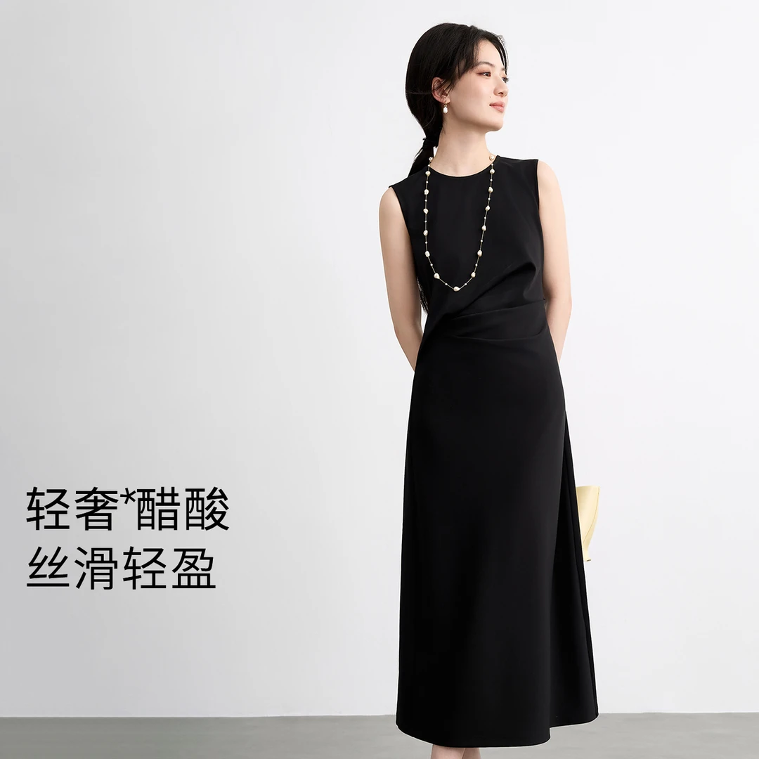 伊芙丽圆领解构打褶设计长款醋酸无袖连衣裙夏季小黑裙1G3992811