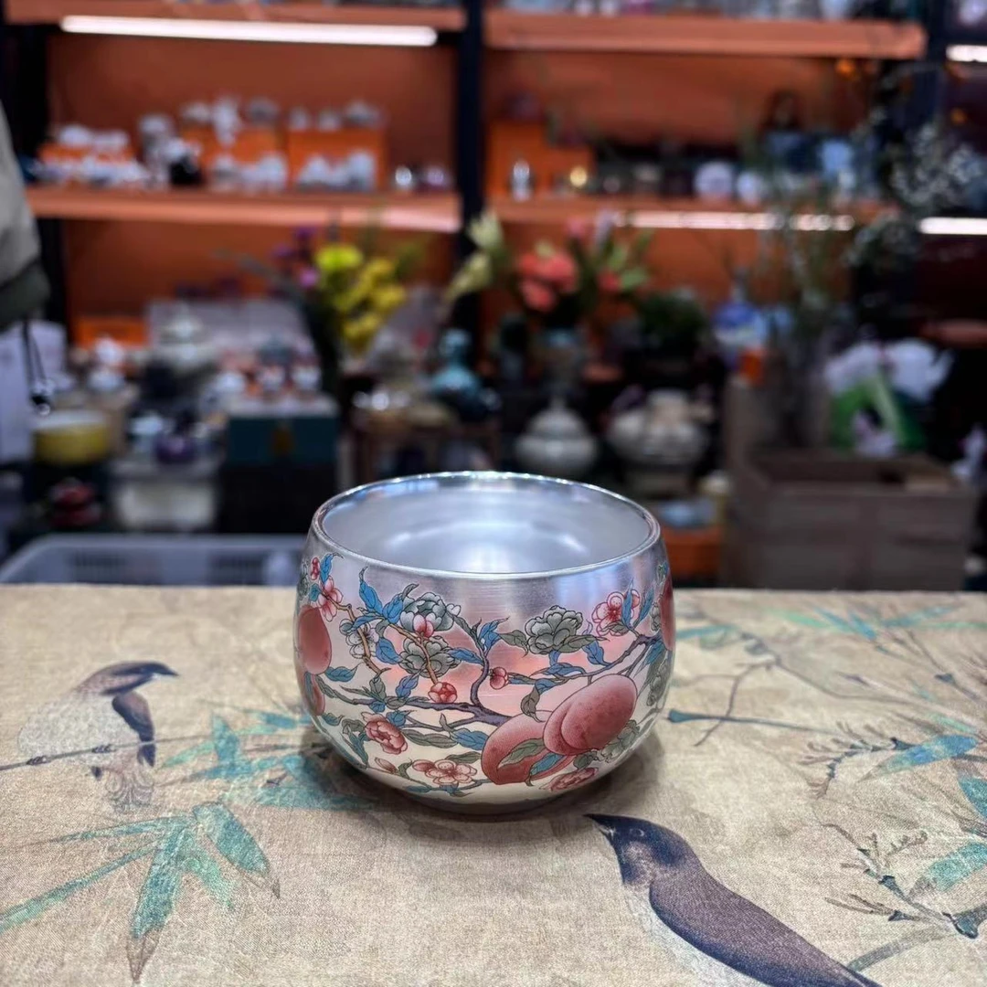 心名茶器 瓷胎包银九桃五福鎏银主人杯茶杯品茗杯礼盒装-2322