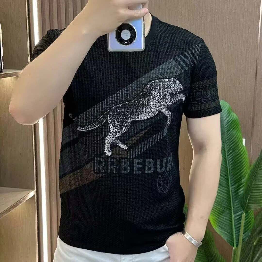 男士2025夏季新款潮牌高端飞鹰烫钻圆领短袖t恤男冰丝薄款上衣潮T